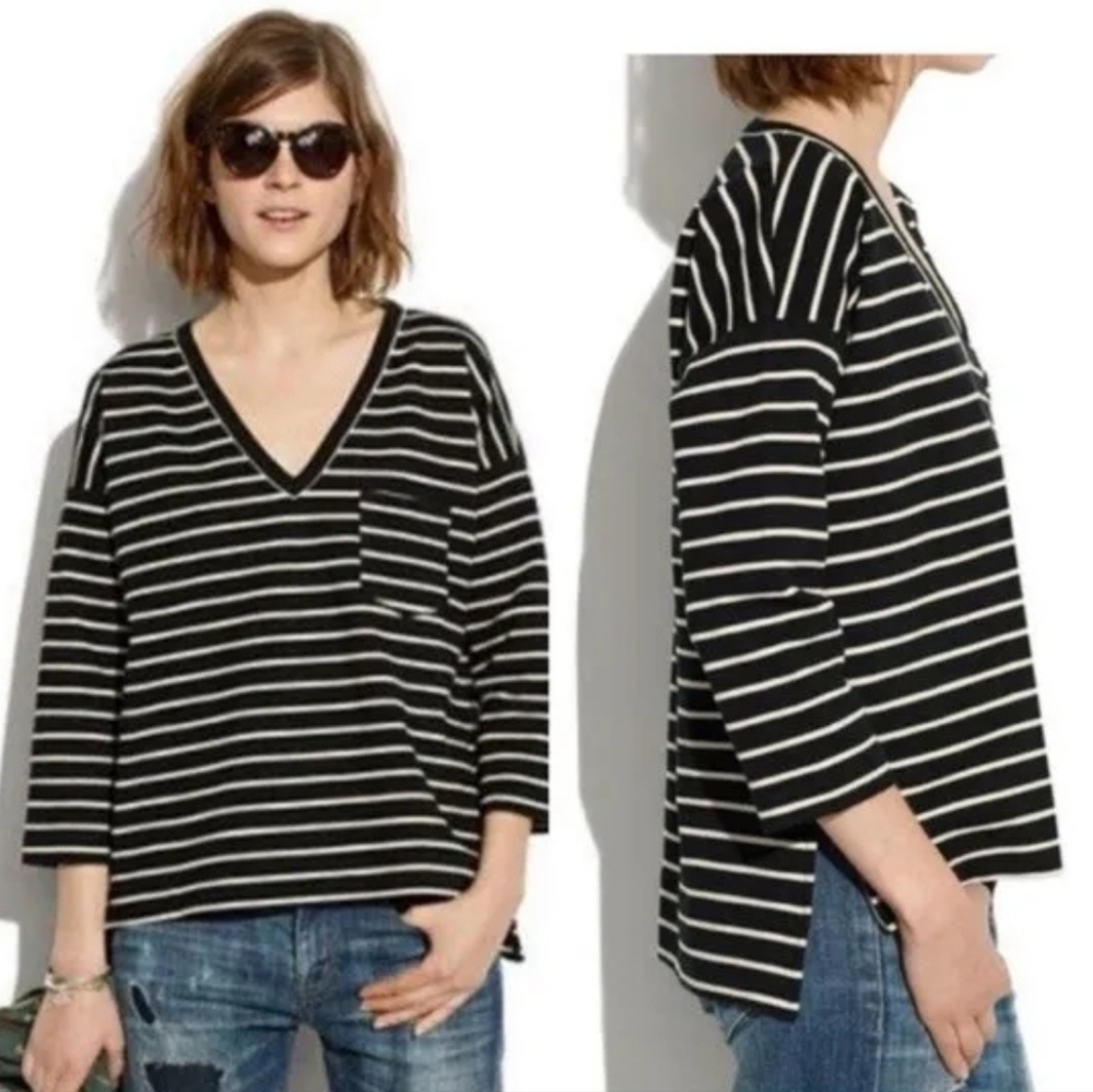 Madewell side-Zip slub ponte striped v-Neck top NWT
